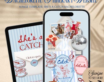 She's A Catch Bachelorette Website Template: Coastal Crawfish Theme Girls Trip Itinerary With Rsvp Tracking (Canva Template)