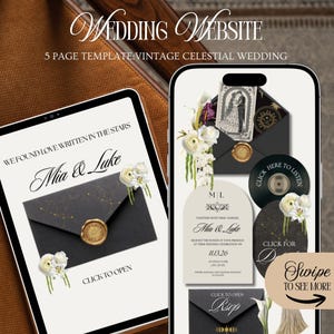 May include: A digital wedding website template featuring a vintage celestial theme displayed on a tablet and smartphone. The screens show black envelopes with gold wax seals, white floral accents, and text including "We Found Love Written In The Stars," "Mia & Luke," and "Click To Open."