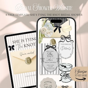 Puede incluir: Una plantilla de sitio web digital para una despedida de soltera que se muestra en una tableta y un teléfono inteligente. El diseño presenta el texto "She's Tying The Knot" y "You're Invited". El diseño incluye detalles florales y lazos, y un aviso "Swipe to See More".