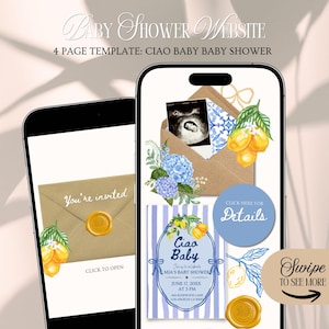 Puede incluir: Dos teléfonos inteligentes muestran una plantilla de sitio web para baby shower. Uno muestra una invitación con un sello de cera y el texto "You're invited". El otro muestra una invitación de baby shower con el texto "Ciao Baby". El diseño incluye limones y flores azules.
