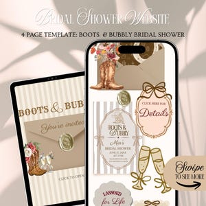 Puede incluir: Una plantilla de sitio web digital para una despedida de soltera con el tema "Boots & Bubbly". El diseño presenta botas de vaquero, copas de champán y elementos florales en una paleta de colores neutros. El texto incluye "Mia's Bridal Shower" y "Swipe to see more."