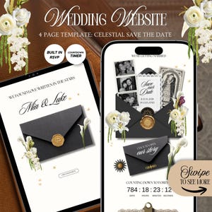 May include: A digital wedding website template featuring a celestial theme with black envelopes, gold wax seals, white floral accents, and star graphics. The interface displays text including "Wedding Website," "Mia & Luke," and a countdown timer.