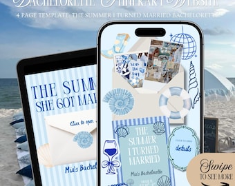 May include: A digital design for a bachelorette itinerary website, displayed on a tablet and smartphone. The design features a light blue and white color scheme with seashell and nautical-themed graphics. Text includes "The Summer I Turned Married" and "Mia's Bachelorette".