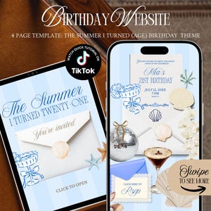 May include: A digital birthday website template with a summer theme. The design includes a tablet and a phone displaying invitation mockups with seashell and cocktail illustrations. Text includes "Birthday Website" and "The Summer I Turned Twenty-One."