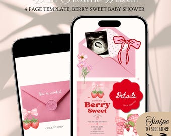 Berry Sweet Baby Shower Website Invitation Template: Strawberry Bow Theme With Rsvp Tracking (Canva Template)