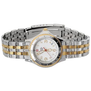 May include: A Swiss Military wristwatch featuring a white dial with gold-tone Arabic numerals, a date window, and a red second hand. The watch has a two-tone silver and gold stainless steel link bracelet and a rotating bezel with black markings.