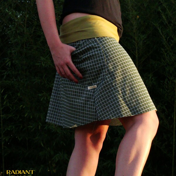 moss green roll down vintage mini skirt with pocket pyschedelic print lace stripe