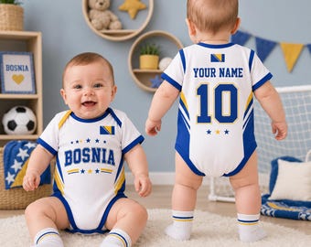 Gepersonaliseerde Bosnische voetbalbabyromper, aangepaste naam voetbalbody voor baby