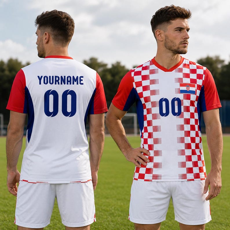 May include: A white soccer jersey with red and blue accents. The back features the text YOURNAME and the number 00 in blue. The front displays a red and white checkered pattern, the number 00, and a small Croatian flag emblem on the chest.