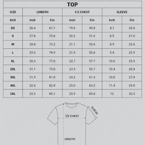 May include: A sizing chart for an all-over print soccer jersey featuring a table with columns for size, length, 1/2 chest, and sleeve measurements in inches and centimeters, plus a line drawing of a t-shirt indicating measurement points.
