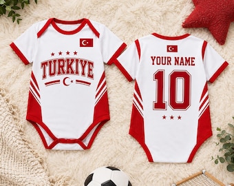 Aangepaste Turkije voetbalshirt baby, gepersonaliseerde Turkiye voetbalbodysuit, babyoutfit