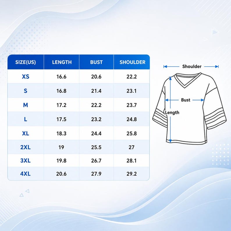 May include: A size chart for a V-neck shirt with short sleeves featuring striped detailing. The table lists US sizes from XS to 4XL with corresponding length, bust, and shoulder measurements in inches. A line drawing illustrates the measurement points.