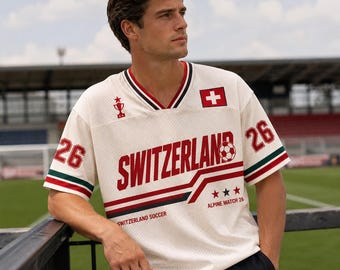 Zwitserland retro voetbalshirt, voetbalshirt aangepaste naam, Alpine Match-T-shirt