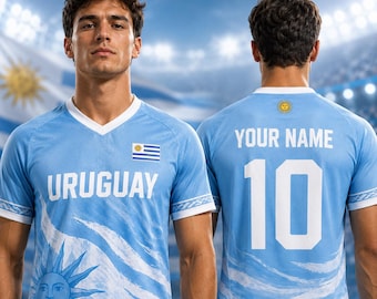 Gepersonaliseerde voetbaltrui Uruguay, voetbalshirt aangepaste naam, ventilatoruitrusting 2026