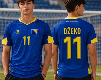 Aangepast Dzeko-voetbalshirt, Bosnië-Herzegovina voetbaltenue, blauwgeel herenshirt
