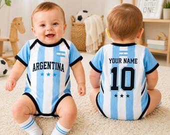 Argentijnse voetbalbabybody, aangepaste naam voetbalromper, outfit peuterjersey