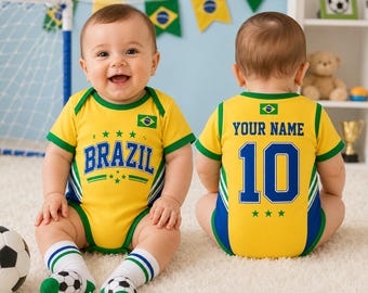 Aangepaste Braziliaanse voetbalbabyjersey, gepersonaliseerde voetbalbodysuit voor baby's
