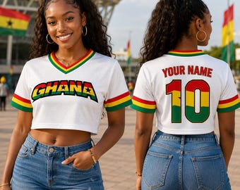 Aangepaste Ghana voetbal crop-top jersey, voetbalshirt gepersonaliseerde naam, fankleding dames