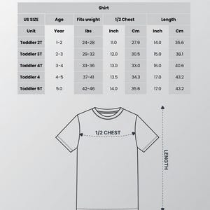 May include: A size chart for an all-over print kid soccer jersey shirt. The chart lists US sizes from Toddler 2T to 5T, including age, weight in lbs, and 1/2 chest and length measurements in inches. A line drawing of a t-shirt illustrates the dimensions.
