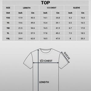 May include: A size chart for an all-over print youth soccer jersey featuring a table with measurements in inches and centimeters for sizes YXS through YXL. The chart includes columns for length, 1/2 chest, and sleeve, alongside a diagram of a t-shirt.