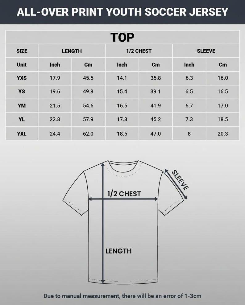 May include: A size chart for an all-over print youth soccer jersey featuring a table with measurements in inches and centimeters for sizes YXS through YXL. The chart includes columns for length, 1/2 chest, and sleeve, alongside a diagram of a t-shirt.
