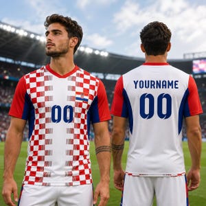 May include: A white soccer jersey featuring a red and white checkered pattern on the front, blue side panels, and the number 00 in blue. The back displays the text YOURNAME and the number 00 in blue, with red and white checkered trim at the hem.
