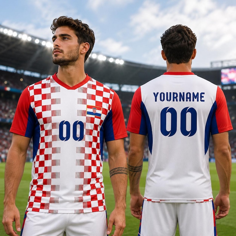 May include: A white soccer jersey featuring a red and white checkered pattern on the front, blue side panels, and the number 00 in blue. The back displays the text YOURNAME and the number 00 in blue, with red and white checkered trim at the hem.