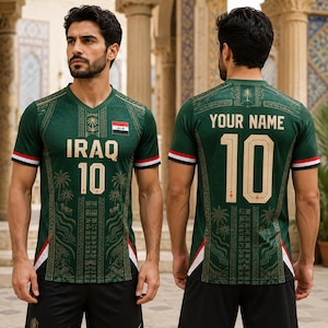 Puede incluir: Camiseta de fútbol verde oscuro con detalles dorados, que muestra "IRAQ" y el número "10" en la parte delantera. La bandera iraquí está en el pecho derecho. La parte trasera muestra "YOUR NAME" y el número "10".