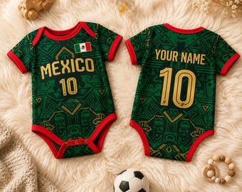 Aangepaste voetbal babyromper Mexico, gepersonaliseerde voetbalbody, cadeau pasgeboren