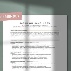 May include: A professional resume for Sarah Williams, LCSW, with contact information and a summary of her experience. The resume includes work experience at Community Hope Foundation and Family Services Agency. The document is on white paper with a pink "ATS FRIENDLY" sticker.