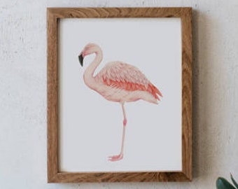 Pink Flamingo, Watercolour flamingo, Tropical Illustration, Framed prints, Handpainted, Art, Plants, Greenery, Wall Frame, Wall Decoration,