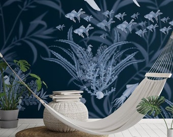 Unique Illustrated Wallpaper Mural. Navy Seabed Removable Wall Decal.