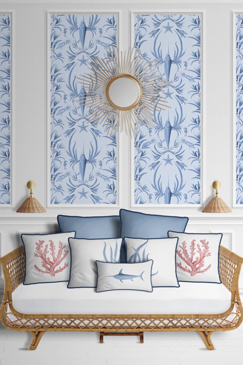Nautical Blue Marine Removable Wall Decal. Unique Illustrated Wallpaper
