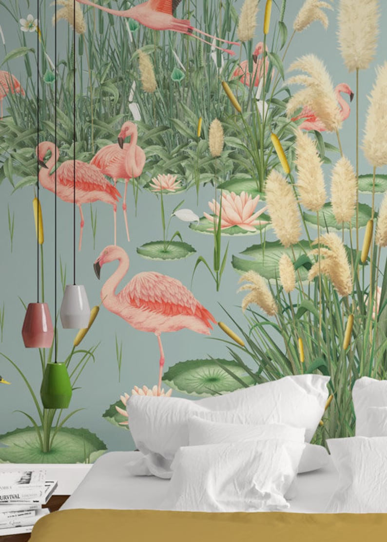 Unique Illustrated Wallpaper Mural. Flamingo Natural Reserve Etsy
