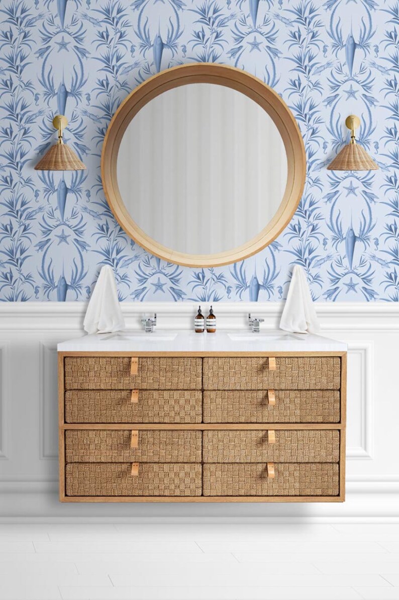 Nautical Blue Marine Removable Wall Decal. Unique Illustrated Wallpaper
