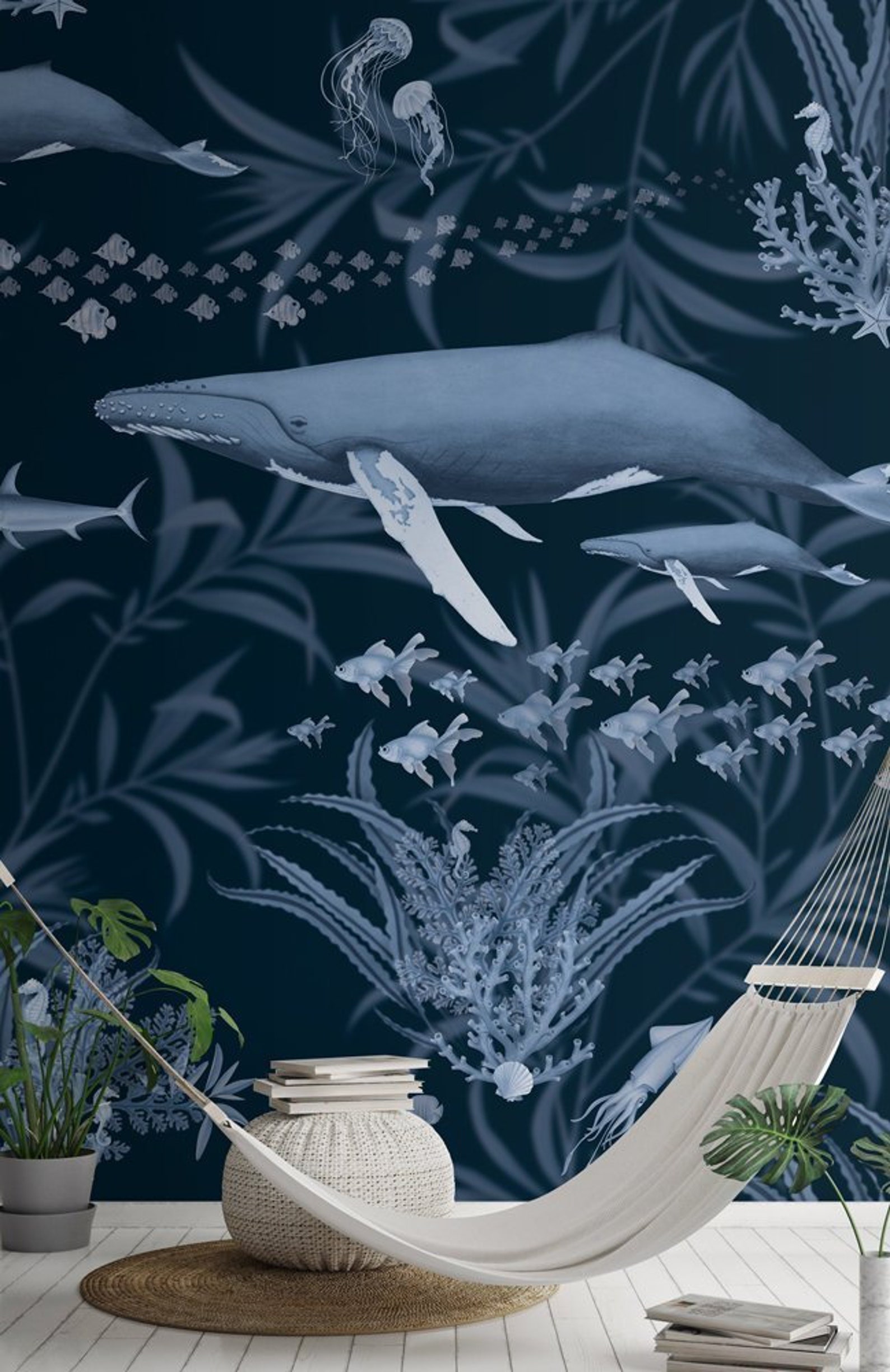 Unique Illustrated Wallpaper Mural. Navy Seabed Removable Wall Decal