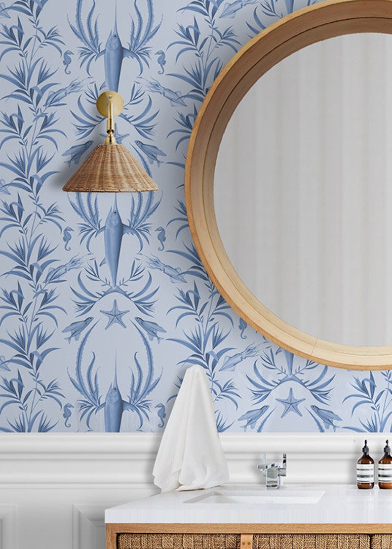 Nautical Blue Marine Removable Wall Decal. Unique Illustrated Wallpaper
