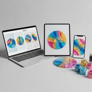 May include: A laptop, tablet, and smartphone display colorful abstract art. The laptop screen shows the word "EPOLY" and similar designs. A coaster and small jars of pigment are also present, suggesting an art or design theme.