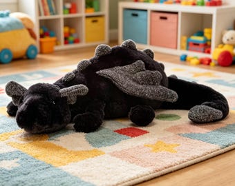 Urso de pelúcia Jellycat de pelo preto - Tema escuro, boneco dragão voador de 50 cm - Super macio, presente terapêutico para crianças, com capa protetora e etiqueta.