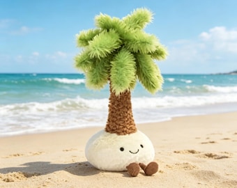 Os alegres brinquedos de coco na praia! O coqueiro de pelúcia macio e fofinho, perfeito para você deitar e apreciar a vista do mar!