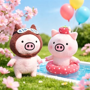 以下が含まれることがあります： 2体のブタのぬいぐるみ。1体はゴーグル付きの茶色の飛行帽をかぶっています。もう1体はイチゴの帽子をかぶり、白の水玉模様が入ったピンクの浮き輪に入っています。どちらもピンク色の肌、黒い目、小さな鼻が特徴です。