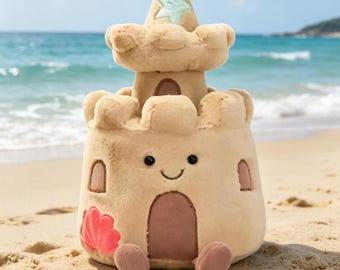 Brinquedo de pelúcia Castelo de Praia Divertido da Jellycat - Boneco macio e fofo para criar laços - Item de decoração para presente de praia - Etiquetas e sacos de proteção inclusos