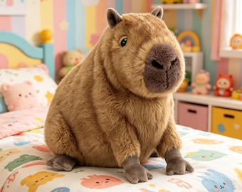 A adorável boneca Kapibara, macia e fofa, é perfeita para presentear no aniversário de uma criança.