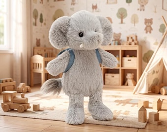 Mochila de pelúcia de elefante bebê Jellycat, macia e fofa, com etiquetas e capa protetora inclusas.