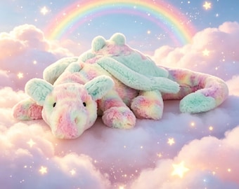 Jellycat Dragão Lazulia, um brinquedo de pelúcia macio e fofo, acompanhado de etiqueta e saco para guardar.