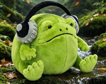 O sapo de pelúcia verde com fones de ouvido | Um brinquedo relaxante e que alivia o estresse