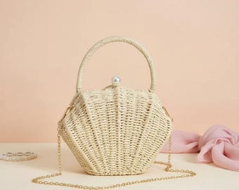Bolso bandolera de ratán y paja con forma de concha – Mini bolso bandolera con cadena para mujer, ideal para vacaciones en la playa.