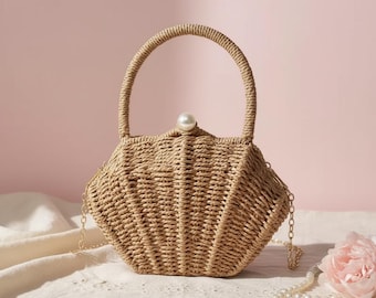 貝殻型ラタンストロークロスボディバッグ – ビーチバケーション用ミニチェーンメッセンジャーバッグ（女性用）