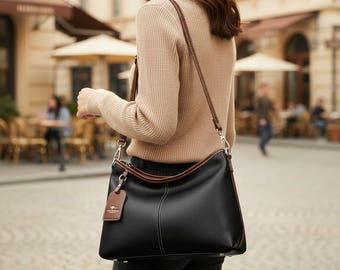 Bolso de hombro de piel sintética suave para mujer - Bolso cruzado con bloques de color y 2 correas,