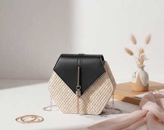 六角形ストローラタンバッグ – ボヘミアン風サマーチェーンショルダーバッグ（女性用）